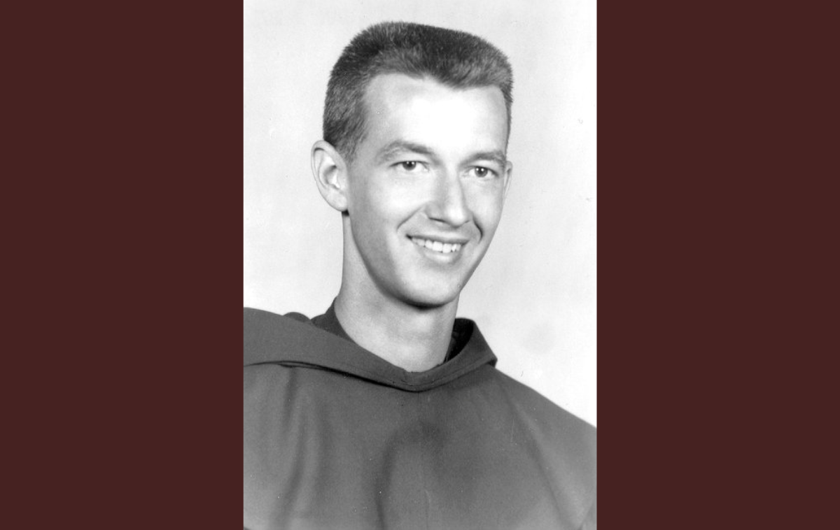 Then and now: Left, Br. John Friebel, OFM, not smiling about his latest report card. More likely, he was thinking about masonry and working in God&rsquo;s great outdoors. Right, John today boasts of still having the same haircut. (Province of Our Lady of Guadalupe Archives Collection photo)