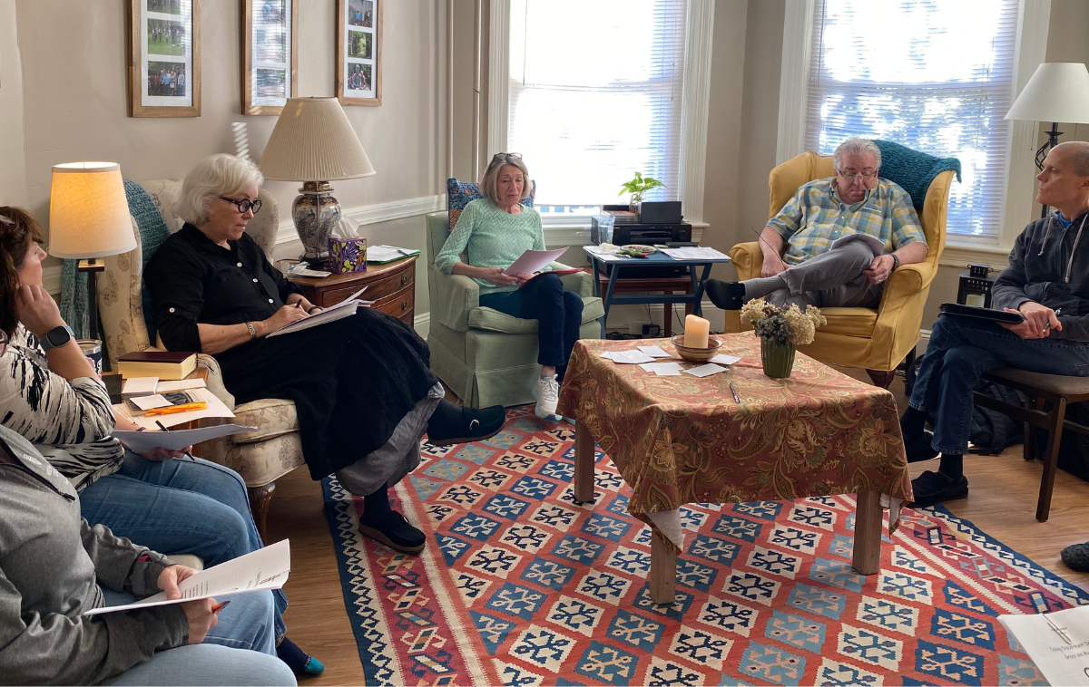 Spiritual direction students gather for a teaching session on a recent weekend
retreat. Br. Bob Frazzetta, OFM, is pictured in a plaid shirt. Bev
Fournier, who is also on the teaching team, is in the mint green
sweater. Br. Bob calls this his &ldquo;dream job.&rdquo; (Photo courtesy of St. Anthony Shrine, Boston)