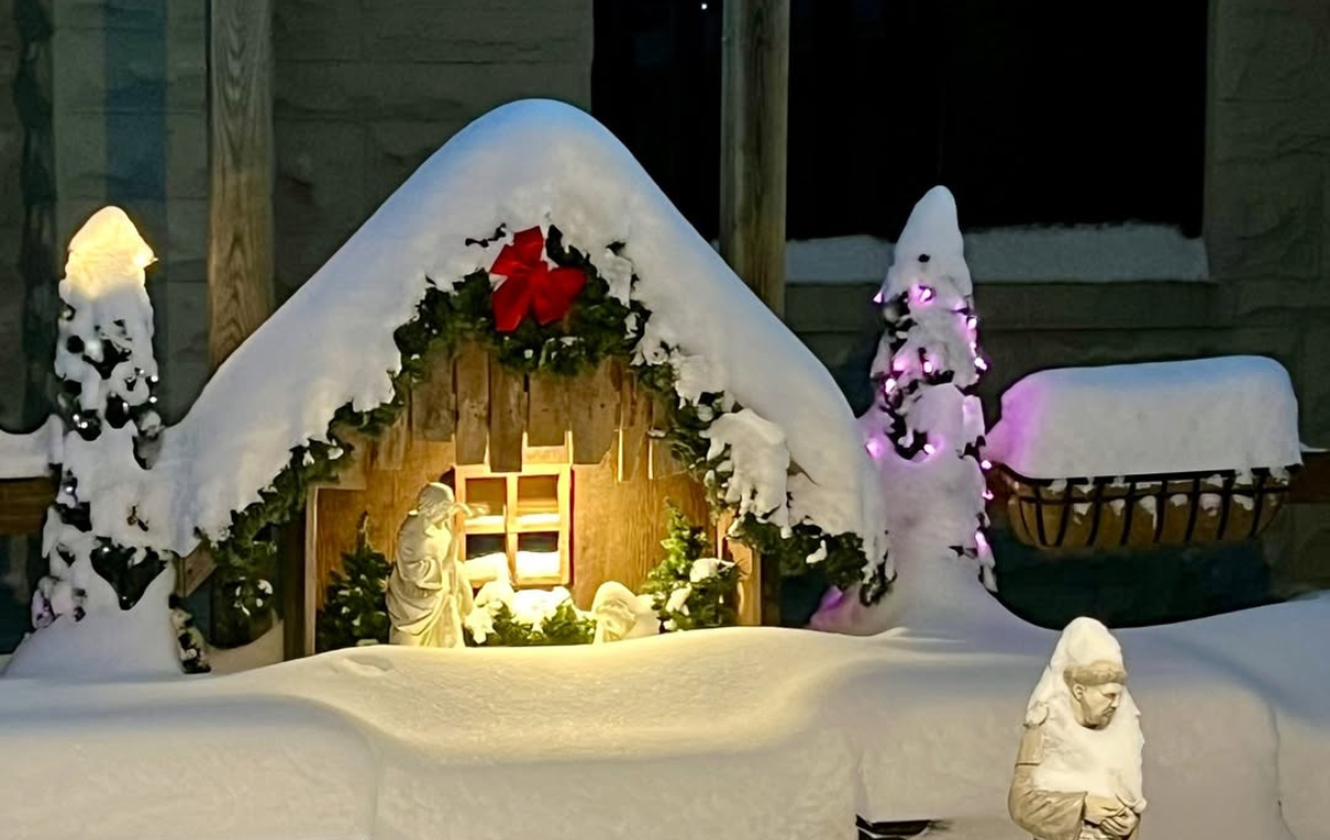 A Nativity scene covered in snow. There are lights shining in the trees and inside the manger.