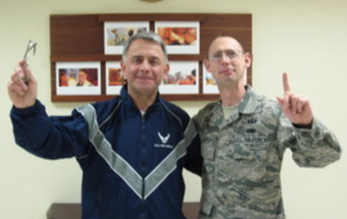 Br. Bob Bruno, OFM, with Technical Sergeant James, USAF, who served as his enlisted teammate while deployed to Ali al Salem Air Base, Kuwait. The pair supervised the transfer of mission of the port mortuary (center for battlefield fatalities) in Kuwait City from the U.S. Marine Corps to the U.S. Air Force. (Photo courtesy of Br. Bob)