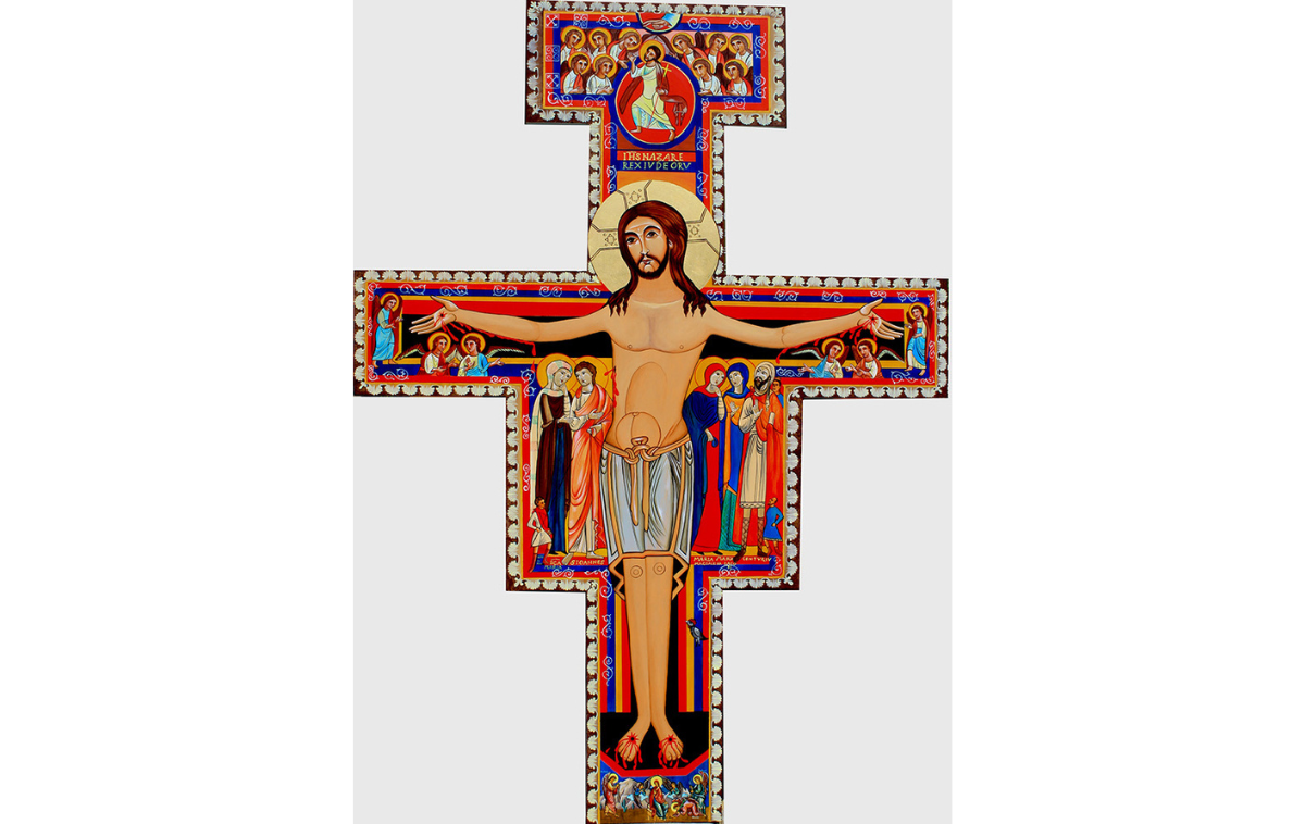 Br. Vincent Nguyen, OFM, painted his third San Damiano cross for the Conventual Church of Our Lady of the Angels in Scottsdale, Arizona. It is smaller and modified at the bottom to feature Our Lady of the Angels. (Photo courtesy of Br. Vincent)
