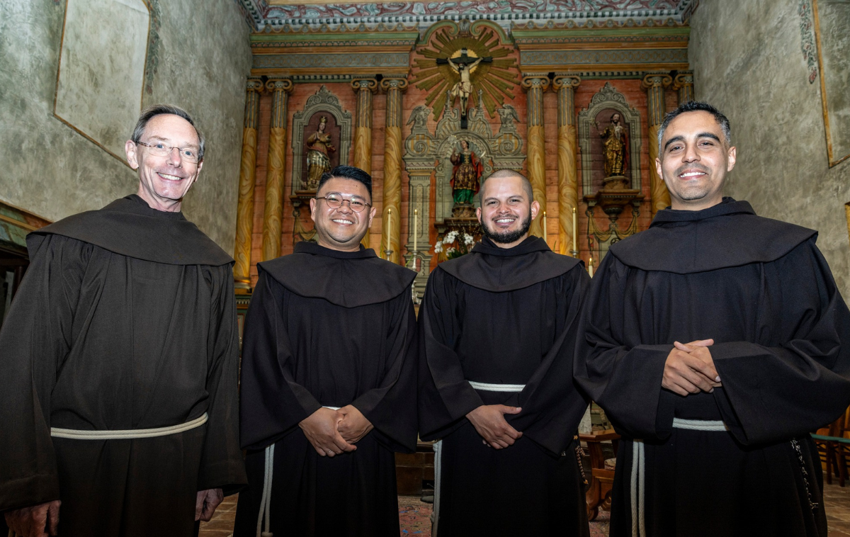 From left, Provincial Minister Larry Hayes, OFM, poses for a photo with Brothers Ricky Ferrer, OFM, Seraphim (Christian) Rito Gonzalez, OFM, and Jesus Heber Lara Romero, OFM. (Photo by Br. Octavio Duran, OFM)
