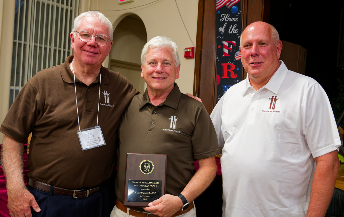 Dr. Joe Edwards, OFS, center, with Joe Sears, left, and Paul Kaelin, right. Paul, one of Joe