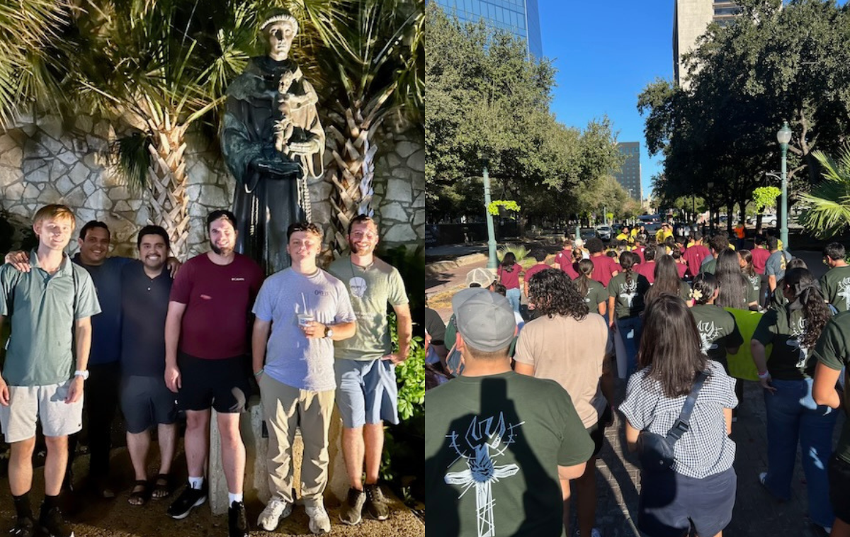 On left, discerners participating in Come and See in San Antonio pose in front of a statue of St. Anthony, namesake of the city.  On right, hundreds of young Catholics march in procession with the Blessed Sacrament in downtown San Antonio. (Photos courtesy of Br. Greg Plata, OFM)