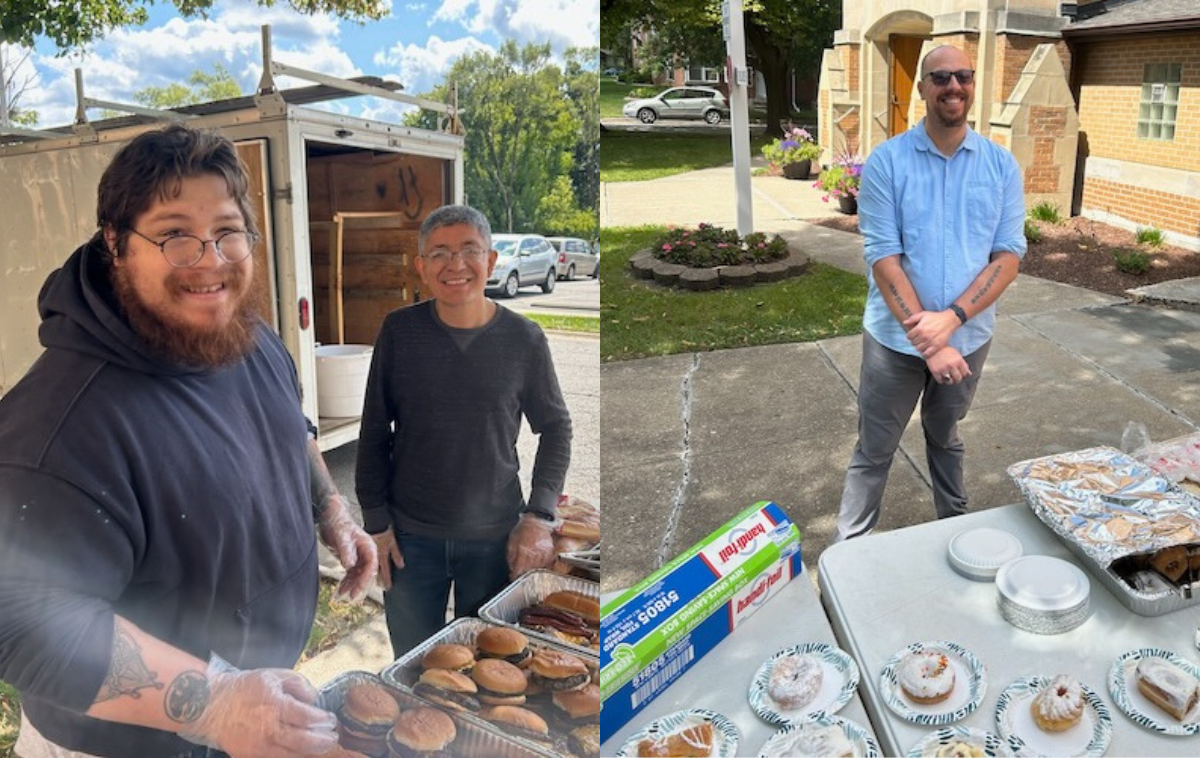 On left, two discerners serve hamburgers to residents of Gary, Indiana. On right, a discerner serves the dessert line, as he and other discerners assisted area Secular Franciscans in preparing lunches in Gary. (Photo courtesy of Br. Greg Plata, OFM)