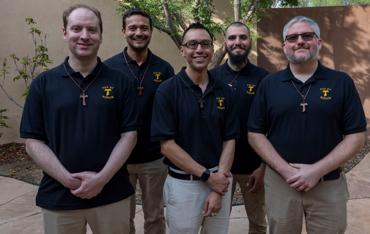 The members of the 2025 postulant class pose for a photo. From left are Jason Stoodley, Timothy Jones, David Rodriguez, Alex Barrientos and Christopher Berry. (Photo by Br. Octavio Duran, OFM)
