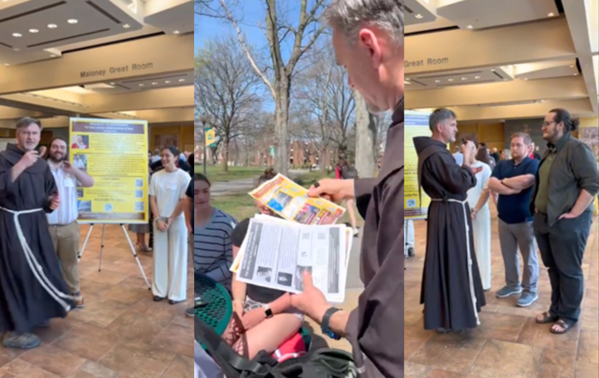 Br. Jacek Orzechowski, OFM, asks students questions about the Iran War and encourages them to be advocates for peace. (Photos are from <a data-sf-ec-immutable="" rel="noreferrer noopener" target="_blank" href="https://www.youtube.com/watch?v=vO7NQGSl000">this video</a>.)