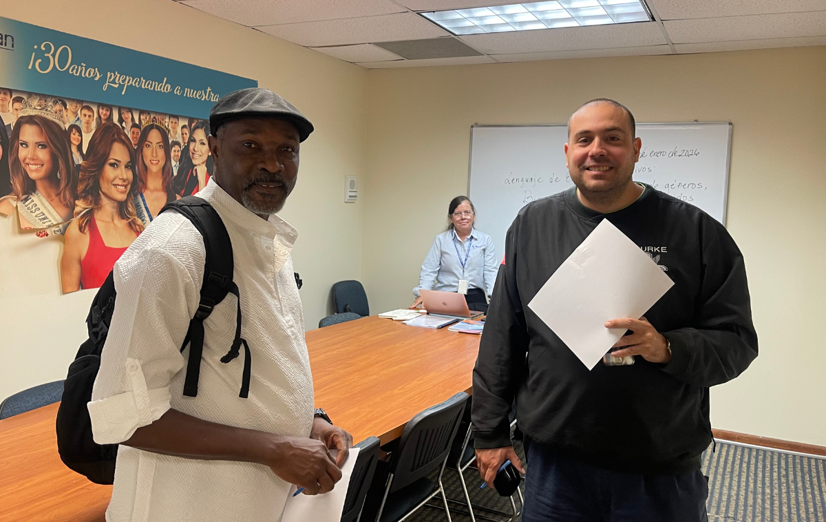 Brothers Ciduoane Joseph, OFM (left), and James La Grutta, OFM, took a language class in their program. Br. James described the classroom as "a little less intensive," noting that "the immersion is more real-world." (Photo courtesy of Br. James)