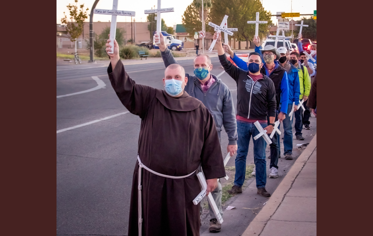 Br. Phillip McCarter, OFM, leads a memorial at the Douglas, Ariz., border to remember migrants who have lost their lives in the desert. By letting go of reliance on possessions, exclusivity and personal ambition, friars can live with greater purpose and be more available in service to others. (Photo courtesy of Br. Phillip)