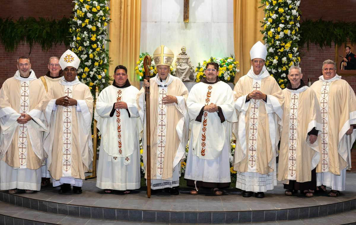 From left to right: Vicar Provincial Br. Erick L&oacute;pez, OFM, Deacon Br. Michael Ward, OFM, Bishop Emmanuel Kanon Rozario, Br. Maikel G&oacute;mez P&eacute;rez, OFM, Cardinal Robert McElroy, Br. Joshua Richter, OFM, Bishop Stephen Parkes, Minister Provincial Br. Michael Perry, OFM, and Br. Colin King, OFM, Provincial Councilor and Secretary of Formation and Studies. (Photo courtesy of Br. Octavio Duran, OFM)