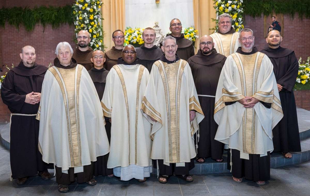 From left to right, front row: Brothers Phillip McCarter, OFM; Joseph Rozansky, OFM, outgoing director of post-novitiate formation; Nathaniel Tran, OFM; Deacon and Provincial Councilor Henry Fulmer, OFM; Minister Provincial Michael Perry, OFM; Carlos Portillo, OFM; and Vicar Provincial Erick Lopez, OFM. Back row: Tyler Grudi, OFM; Domingo Martinez, OFM; Kevin Hamzik, OFM; Brian Menezes, OFM; Provincial Councilor Colin King, OFM, Secretary of Formation and Studies. (Photo courtesy of Br. Octavio Duran, OFM