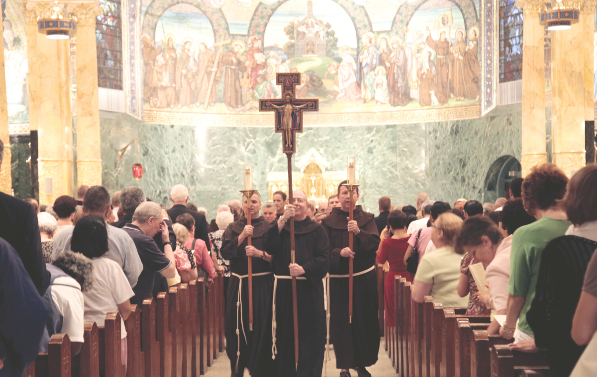Franciscan friars take part in a procession at the Church of St. Francis of Assisi, New York City. Visiting a church named after St. Francis or cared for by the Franciscans is one of the steps for receiving an indulgence during this jubilee year.