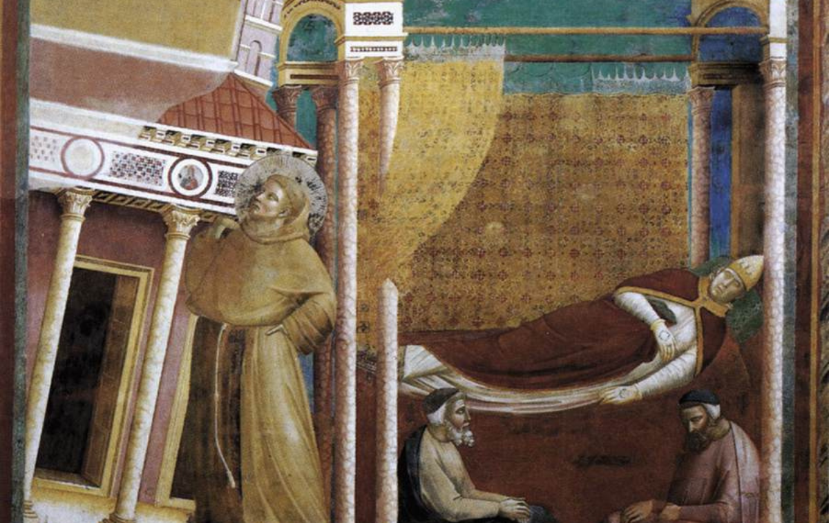 This painting, &ldquo;Dream of Innocent III,&rdquo; by Giotto di Bondone, depicts
Pope Innocent III, after dreaming that a humble man like Francis was
holding up the collapsing Church symbolized by the Lateran Basilica. He
approved Francis&rsquo; request to establish the Order of Friars Minor, recognizing his role in spiritually supporting the Church.