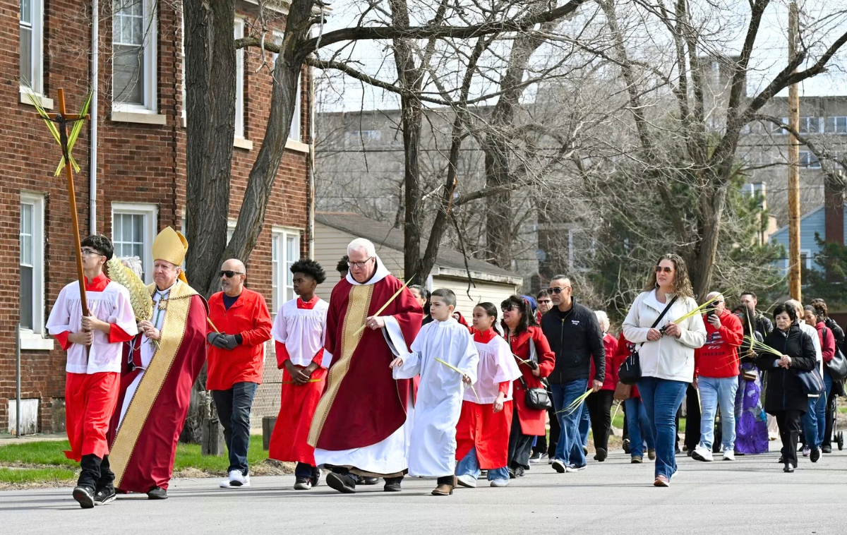 On Palm Sunday, parishes in Gary, Indiana, have traditionally gathered for a procession led by the friars from Ss. Monica and Luke to the Cathedral of the Holy Angels. (Photos courtesy of the Diocese of Gary)