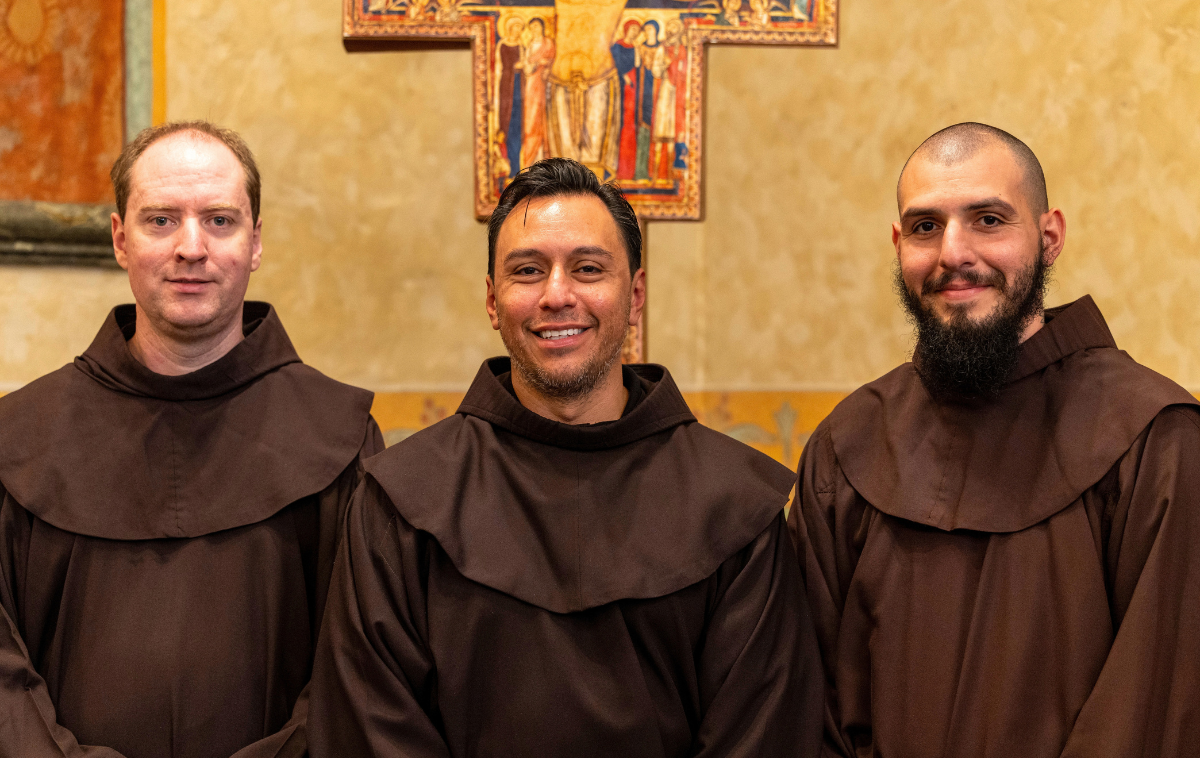 Brothers Jason Stoodley, OFM, David Rodriguez, OFM, and Alex Barrientos, OFM, are photographed shortly after receiving their habits on Sept. 29, 2026. (Photo by Br. Octavio Duran, OFM)