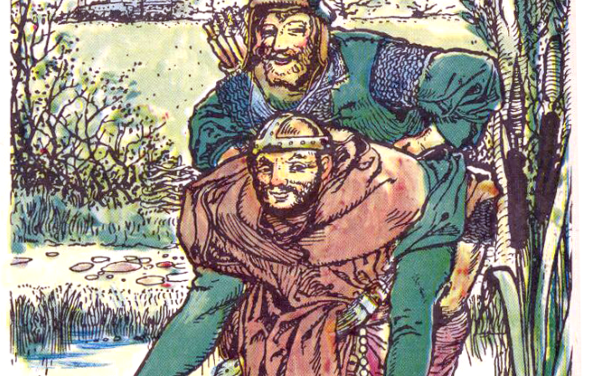 Friar Tuck carries Robin Hood across a river. Frontispiece illustration by Howard Pyle, Public Domain