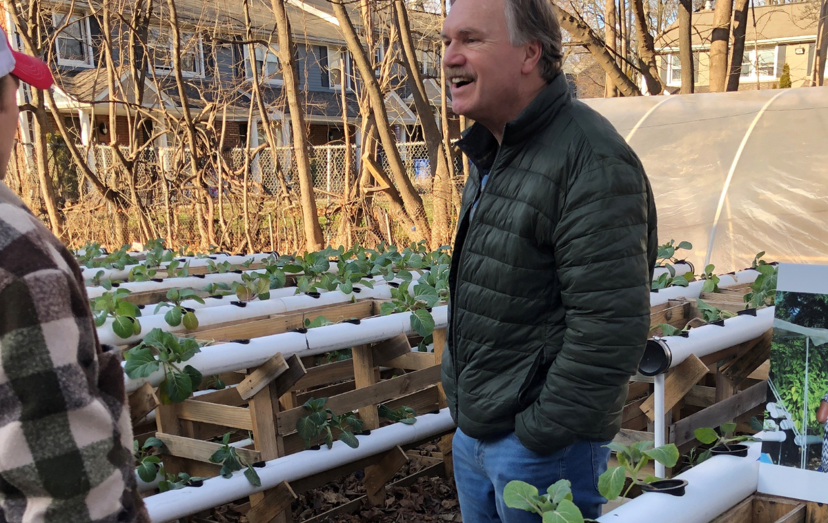 Br. Mike Johnson, OFM, visits one of the hydroponic farms in Hartford, where he has been instrumental in expanding sustainable farming with the help of a non-profit organization founded by a parishioner of St. Patrick-St. Anthony Church, also in Hartford. (Photo by Br. Jacek Orzechowski, OFM)