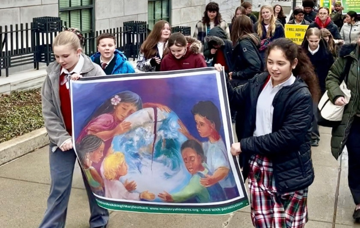 Siena University joined students from local Catholic and public schools on March 23, 2026, for the Pilgrimage of Hope for Climate Justice. The group marched from St. Mary’s Church in downtown Albany to the New York State Capitol, where they held a news conference and delivered copies of Laudato Si’ to state legislators.  (Photo courtesy of Br. Jacek Orzechowski, OFM)
