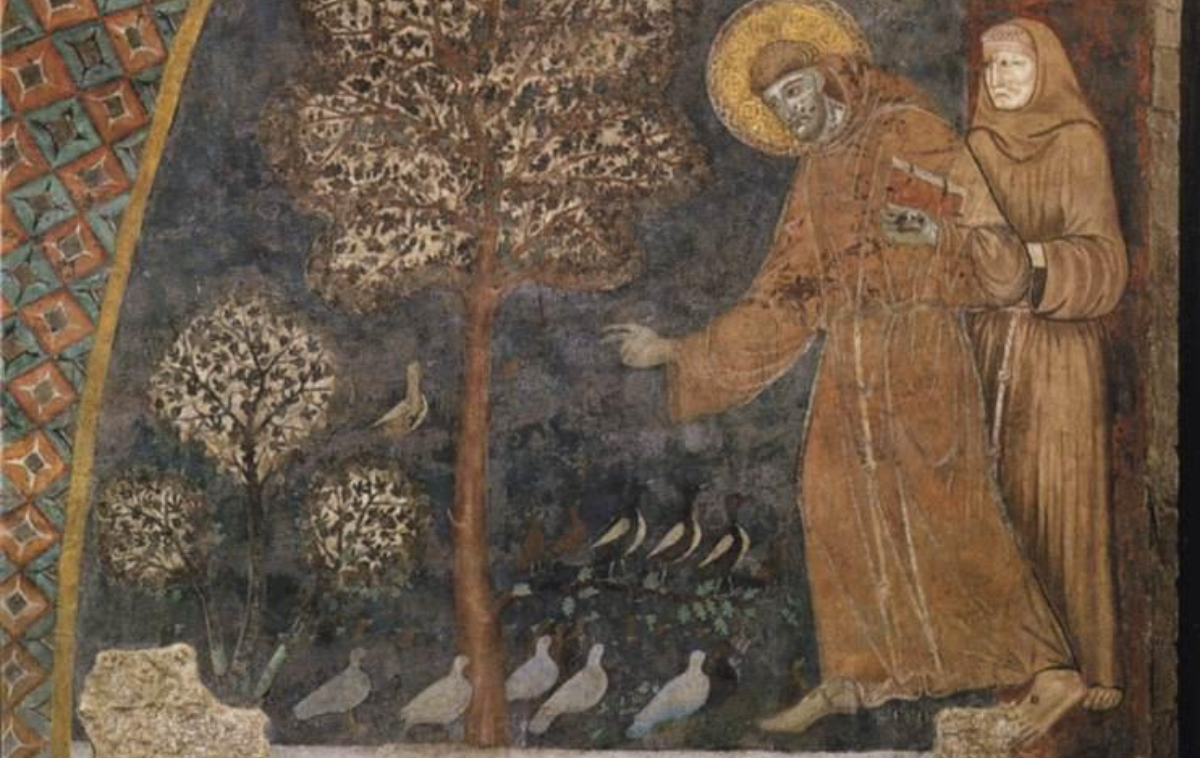 Francis Preaching to the Birds by Giotto di Bondone shows a core tenet of Franciscan spirituality: the profound interconnectedness and harmony between humanity and all of God's creation, viewing animals as "little sisters and brothers." (Public Domain) 