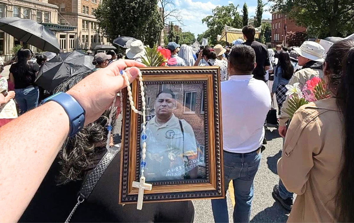 St. Camillus Parish in Silver Spring, Maryland, created a special altar featuring photos, names and prayer intentions of those who are detained or too afraid to attend the Archdiocese of Washington&rsquo;s Corpus Christi procession. Photos courtesy of Sister Eilis McCulloh, Kathy Gallagher and Edwin Mendez.