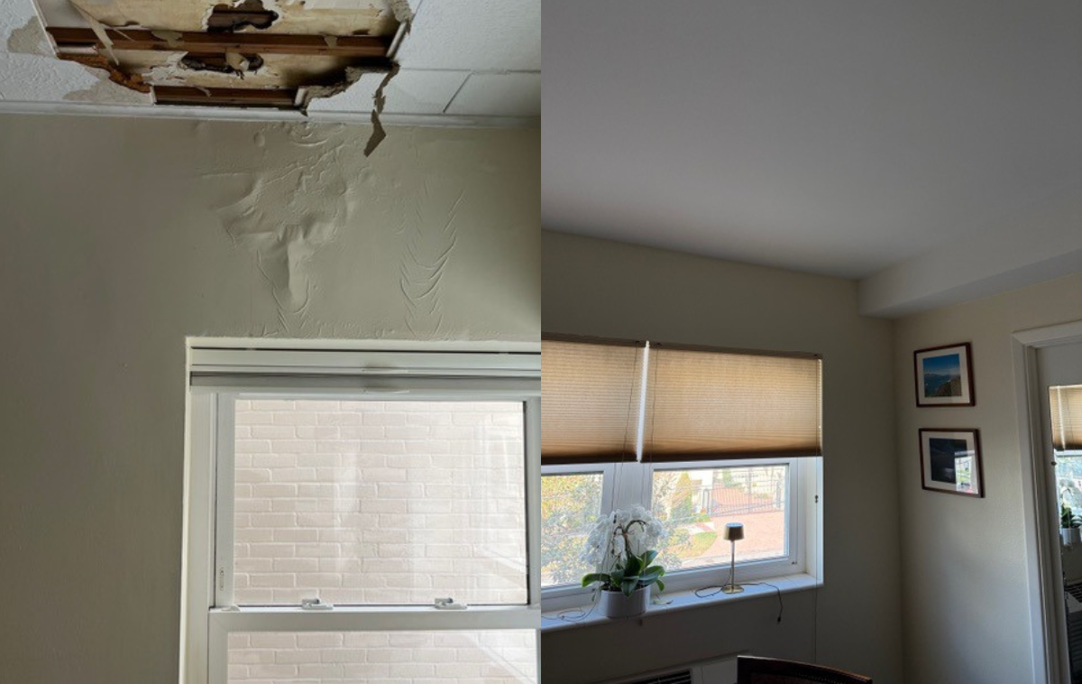 Side-by-side photographs. On the left: damage to a roof above a window. On the right: A window and shades with a repaired ceiling and painted walls. There are photos on the wall and a flowerpot and lamp on the windowsill.