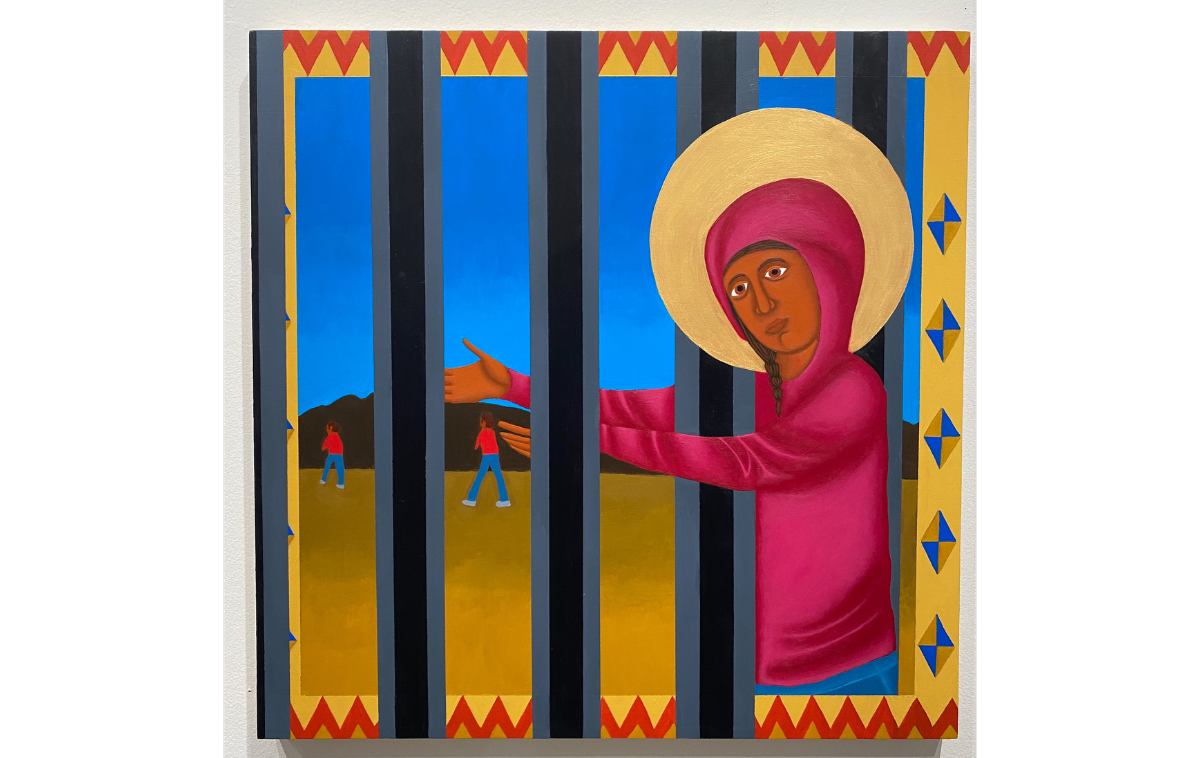 A painting of a woman wearing a hooded magenta shirt extended her hands through the bars of a fence. Two people are walking away on the other side.