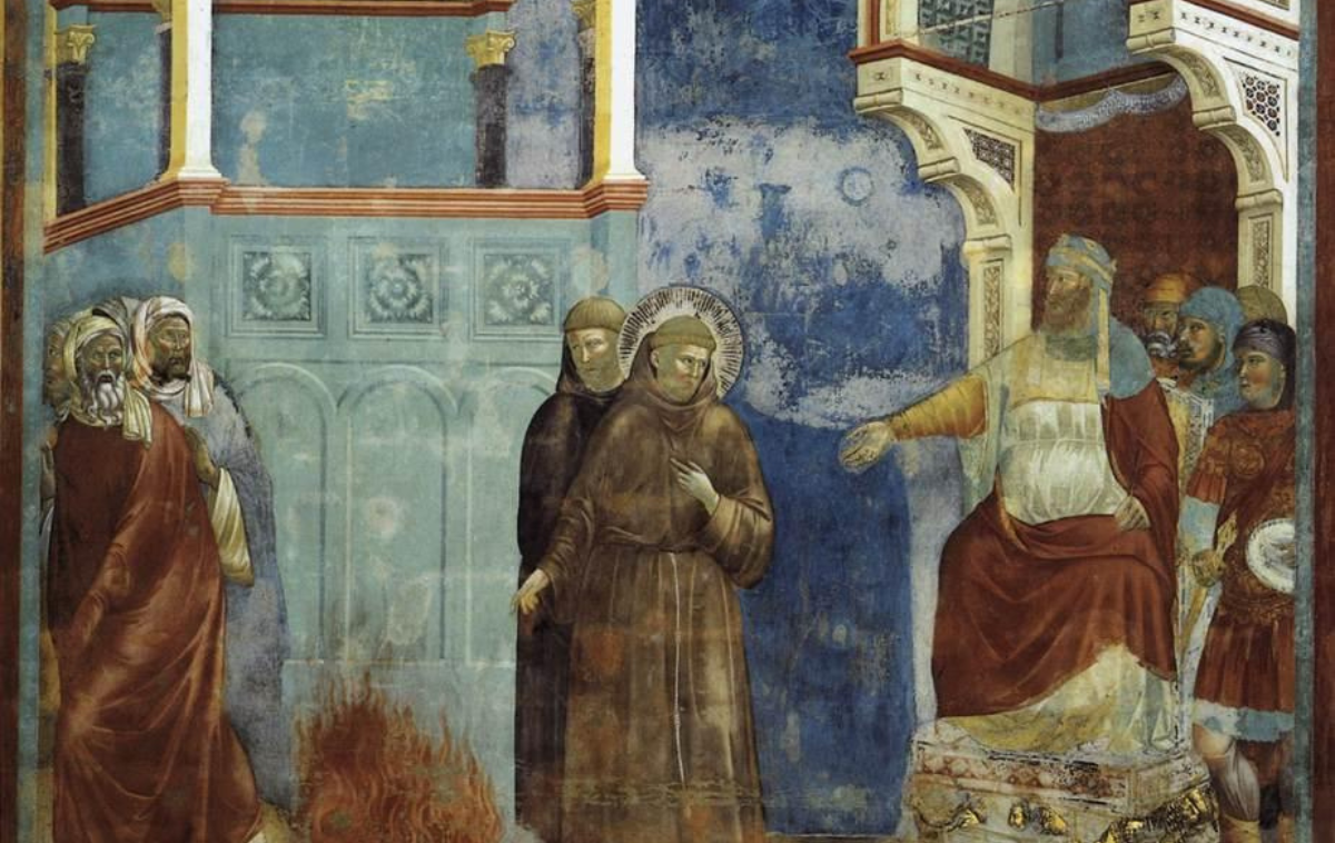 This painting captures the encounter between St. Francis of Assisi and Sultan al‑Malik al‑Kamil during the Crusades. St. Francis crossed enemy lines not with a sword, but with humility and hope &mdash; and found, in the sultan, a leader willing to welcome dialogue over violence.&nbsp;