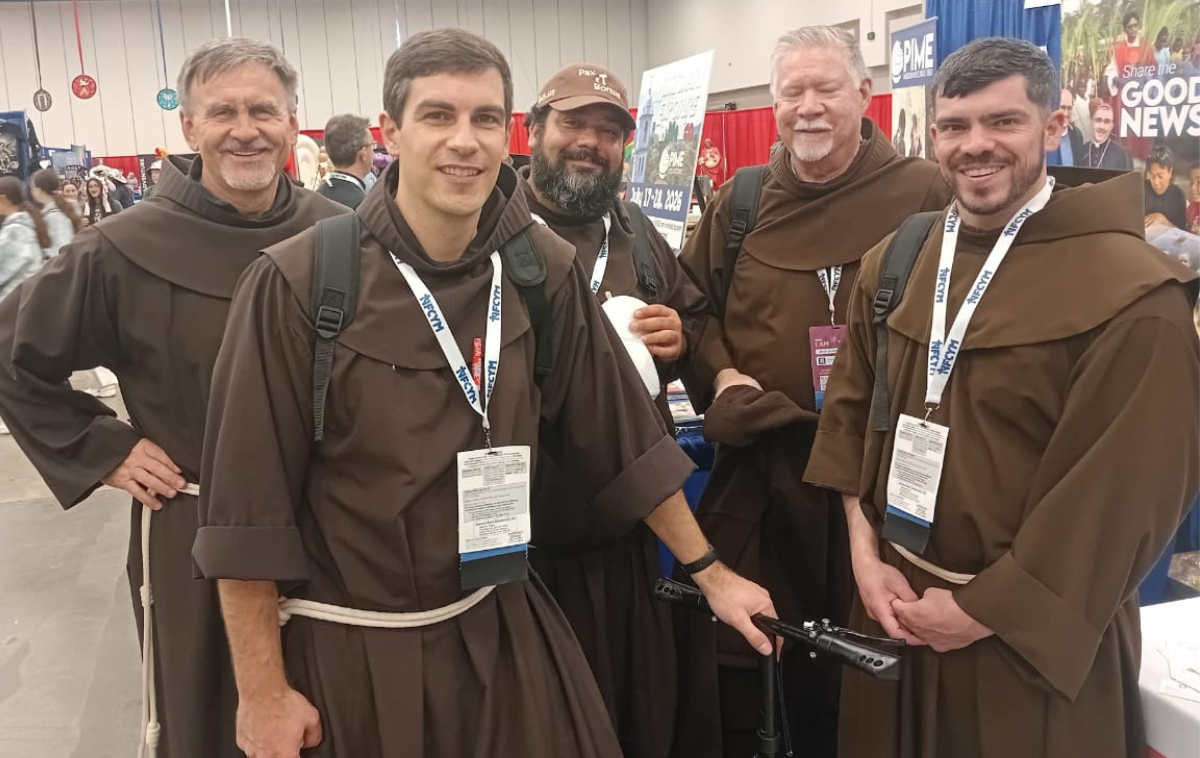 In November, Brothers (from left) Jacek Orzechowski, OFM, Casey Cole, OFM, Tito Serrano, OFM, Greg Plata, OFM, and Jason Damon, OFM, participated in the National Catholic Youth Conference in Indianapolis. The gathering brought together 16,000 young Catholics to pray, build community and share the message of Jesus in the spirit of St. Francis. ((Photo courtesy of Br. Jacek)